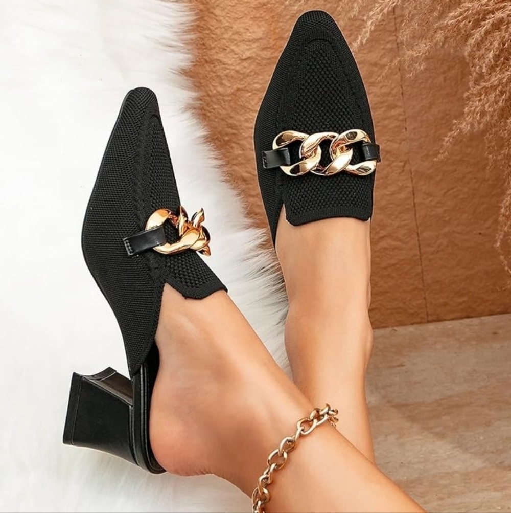 Newbella Black Pointed Slip-On Mules with Gold Chain Accent - Picture 3 of 14